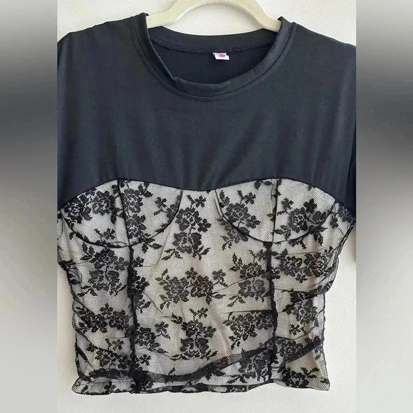 Black Lace Sweetheart Ruched Top, Women’s Floral Lace Overlay Blouse, Size Small - Picture 4 of 15